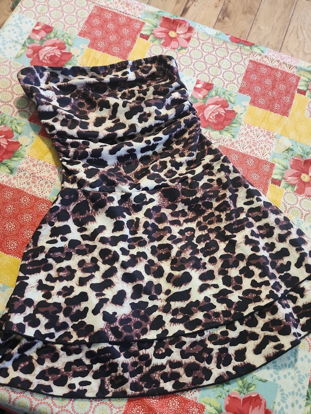 SHEIN Strapless Leopard Print A-Line Dress in Black and Brown